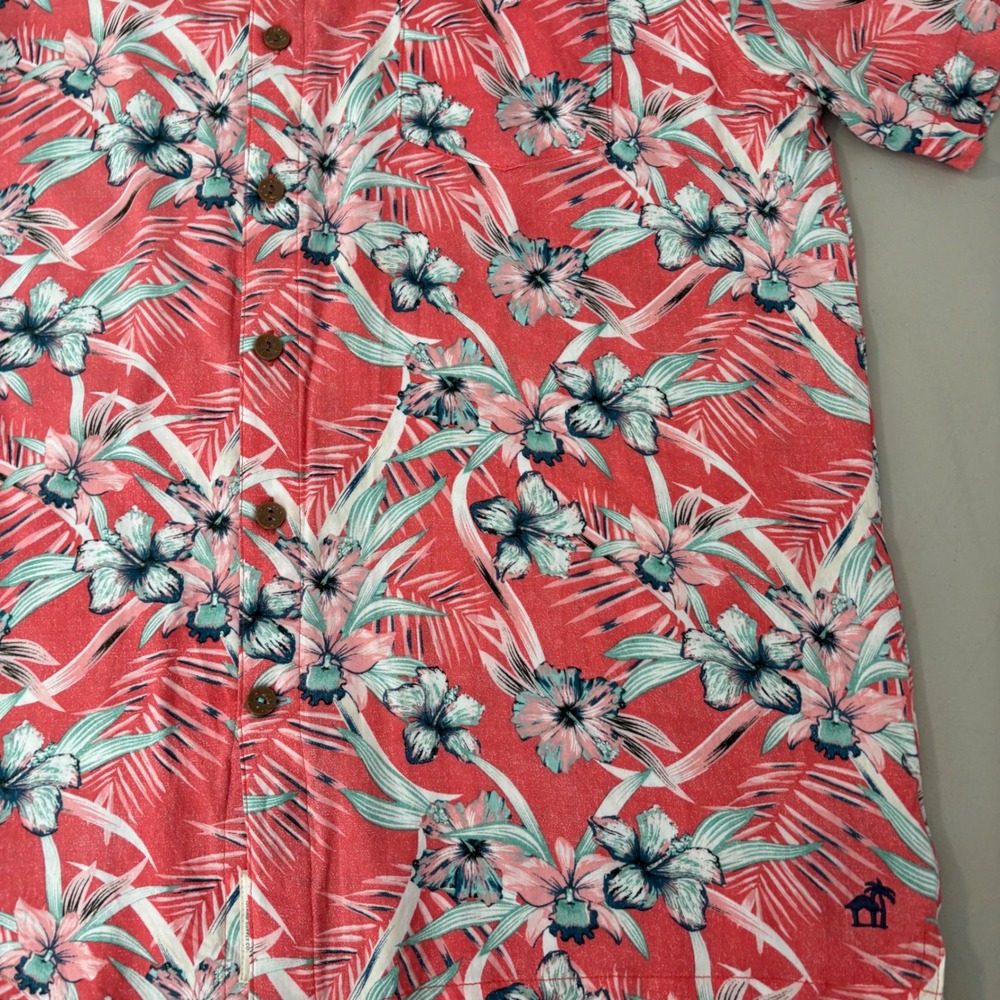 Caribbean Joe Mens Large Tropical Floral Rayon Button Down Shirt Coral Pink Blue - Picture 7 of 8